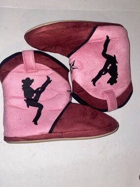 Pink and Burgundy Cowgirl Boot Sherpa-Lined Slippers. New.